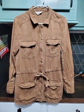 C&C California Linen Lyocell Utility Jacket Tan Camel Cargo Safari Size M